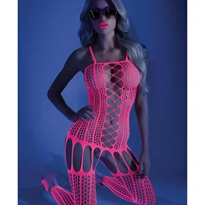Glow Black Light Criss Cross Paneled Bodystocking Neon Pink O-s